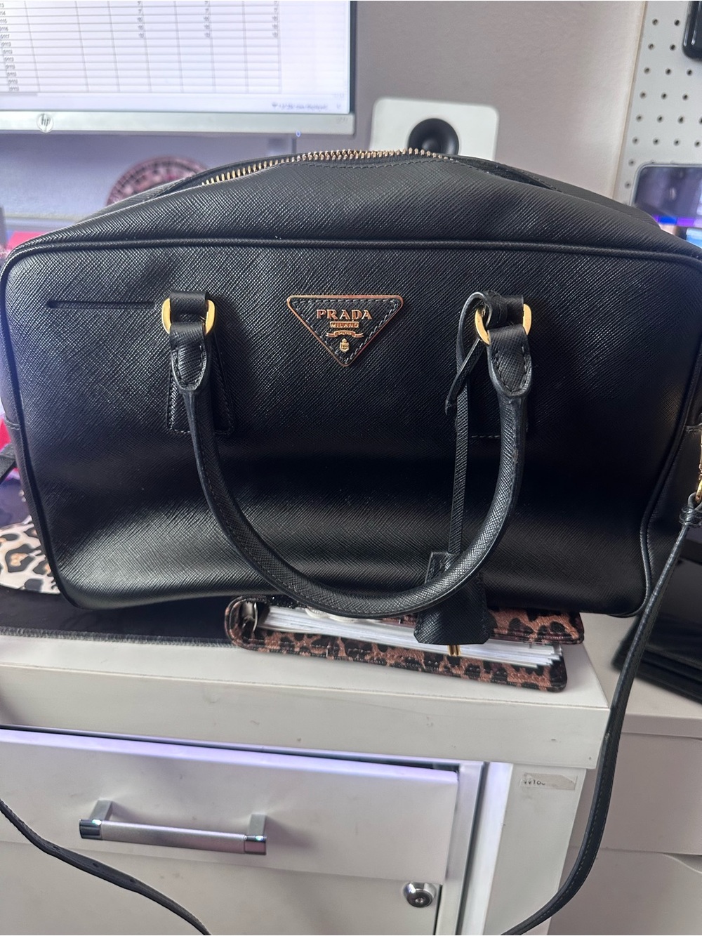 Prada Black Saffiano Leather Dome Satchel with Gold Hardware
